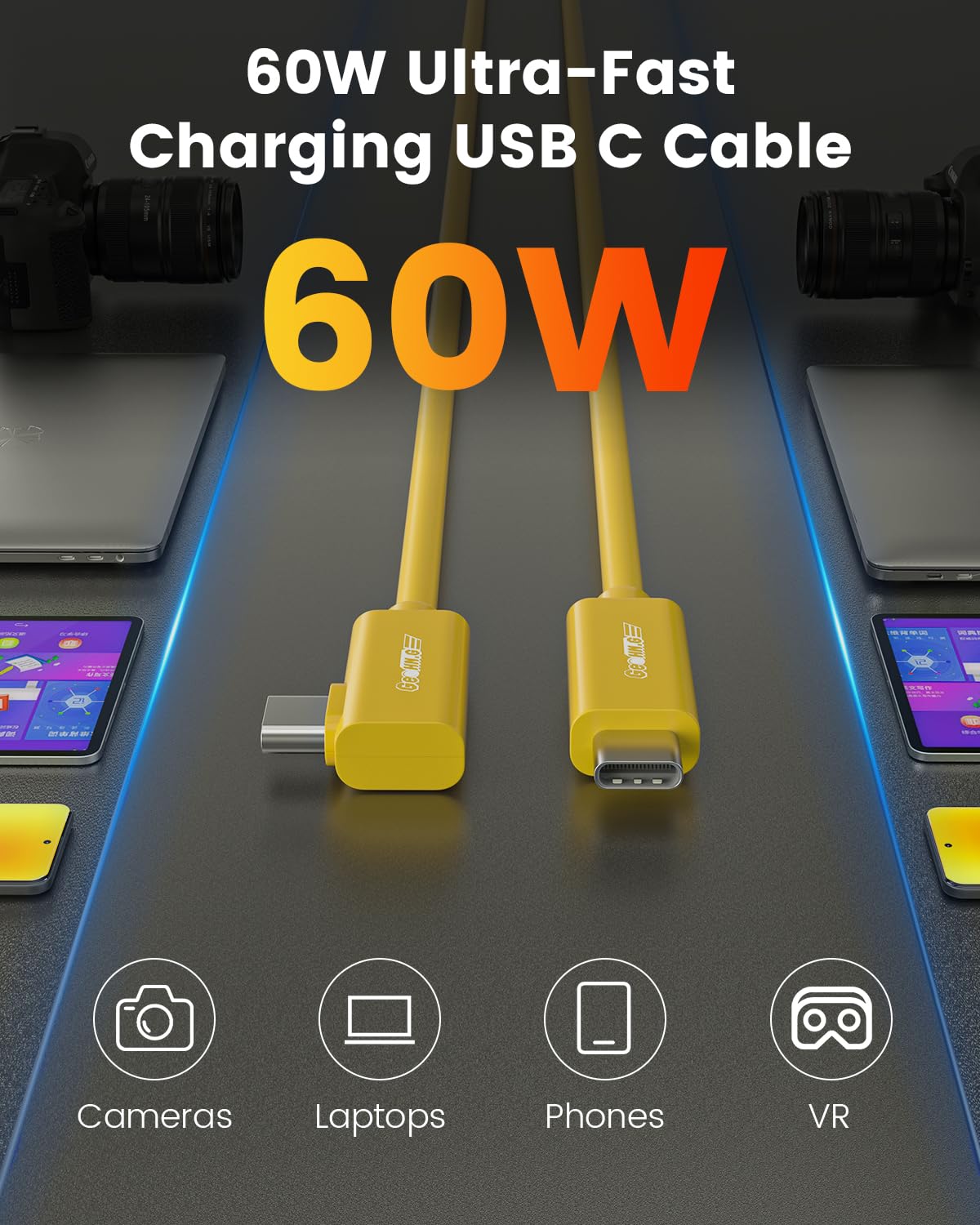 GeoHN.G Fiber Optic USB C Tethering Cable 15FT, Right Angle 10Gbps Bidirectional Data Transmission VR Cable with PD 60W, USB 3.2 GEN 2 Link Cord for VR/Camera/Computer/Sony/Canon/Nikon/MacBook